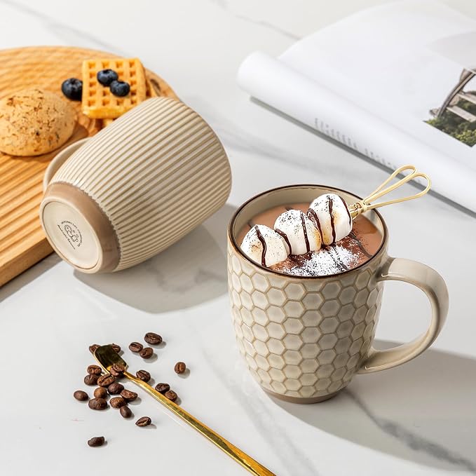 GBhome Large Coffee Mugs Set of 6, 16oz Handmade Embossed Coffee Mugs Set with Large Handle for Cappuccino/Latte/Tea/Hot Cocoa, Dishwasher & Microwave Safe, Khaki - Image 5
