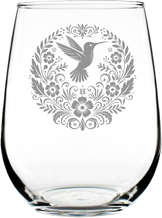 Hummingbird Floral Mandala 17oz Stemless Wine Glass, Hand Engraved Etched Glassware for Her, Nature Lover by Make+Your+Mark+Design