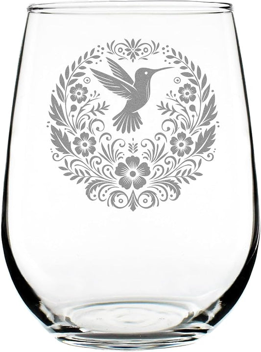 Hummingbird Floral Mandala 17oz Stemless Wine Glass, Hand Engraved Etched Glassware for Her, Nature Lover by Make+Your+Mark+Design