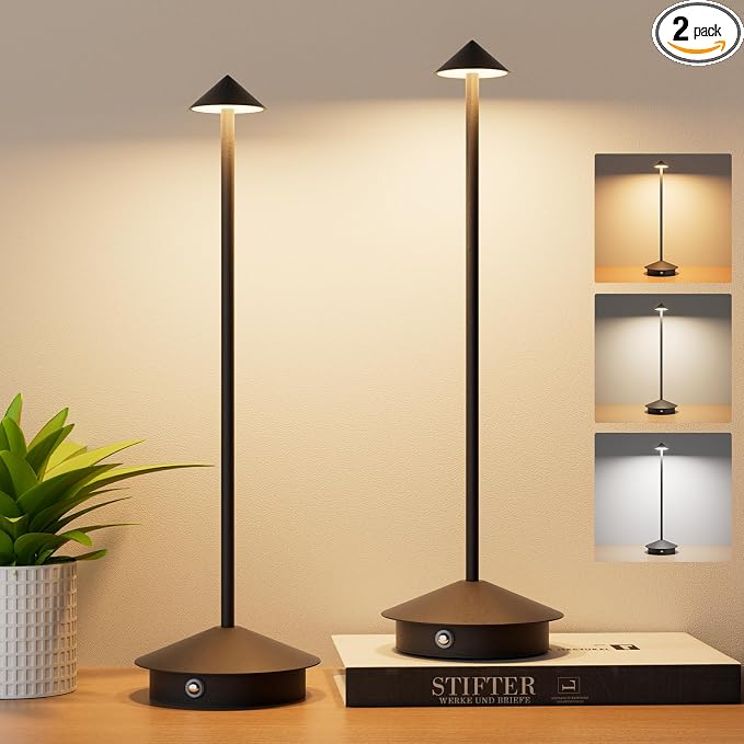 Cordless LED Table Lamps,Portable Battery Desk Lamp,2 Pack,Black | 6000mAh Rechargeable,3000K/4500K/6000K Touch Stepless Dimming,Aluminum IP54 Waterproof Wireless Lighting for Outdoor/Indoor by Aoceley