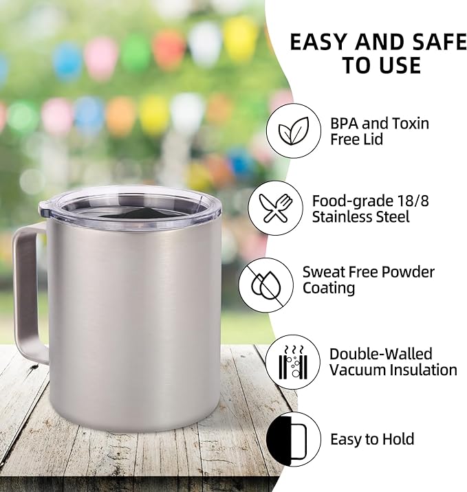 Volhoply 14oz Insulated Stainless Steel Coffee Mug with Lid Bulk 4 Pack,Double Wall Vacuum Travel Coffee Cup with Handle,Reusable Metal Cups Tumbler,Camping Mugs Keep Hot,Ideal Gifts(Silver,4) - Image 4