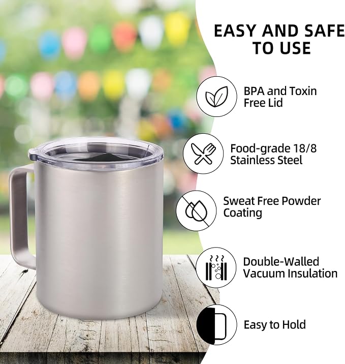 Volhoply 14oz Insulated Stainless Steel Coffee Mug with Lid Bulk 2 Pack,Double Wall Vacuum Travel Coffee Cup with Handle,Reusable Cups Tumbler,Camping Mugs Keep Hot&Cold,Ideal Gifts(MIX,2) - Image 4