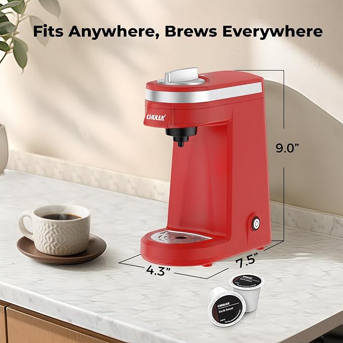 CHULUX Mini Single Cup Coffee Maker for K Pod, Perfect for Small Space, Red | Fast-Heating Boiler System, Single Cup Brewing, Portable Compact Design, Four-Hole Multi-Stream Needle, Adjustable Drip Tray - Image 8
