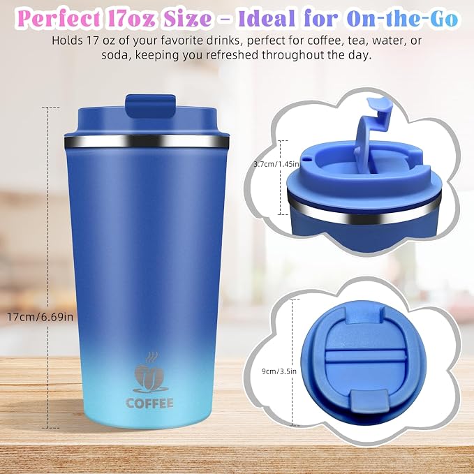 17oz Insulated Travel Coffee Mug with Flip Lid – Leakproof Stainless Steel Insulated Coffee Tumblers, Reusable Coffee Cup for Hot & Cold Drinks, Perfect for Camping & On-the-Go - Image 2