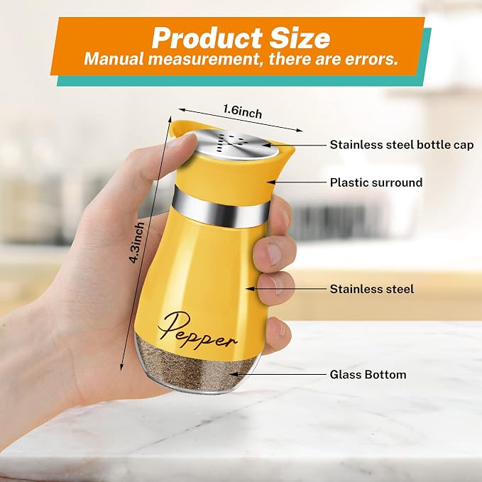Salt and Pepper Shakers - 4 oz Yellow Glass Set with Stainless Steel Lids | Refillable Glass Shakers with Stainless Steel Lids for Cooking, Dining, RV Trips, Camping and BBQs; 4 oz Capacity Each. - Image 2