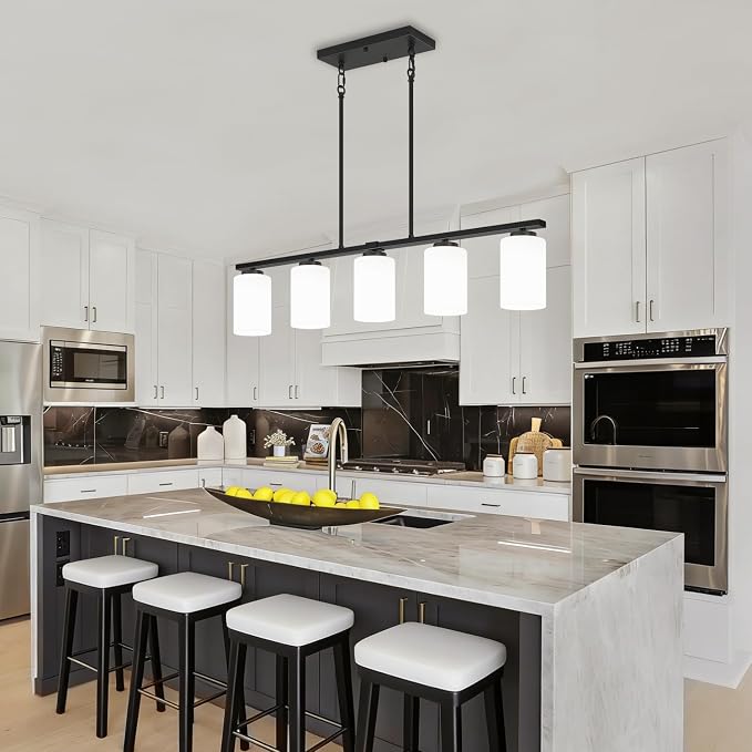 Modern Kitchen Island Lighting, Dining Room Light Fixtures Over Table | 37'' Black Island Lights for Kitchen, 5-Light Farmhouse Linear Chandeliers White Frosted Glass Shade, Adjustable Height - Image 6