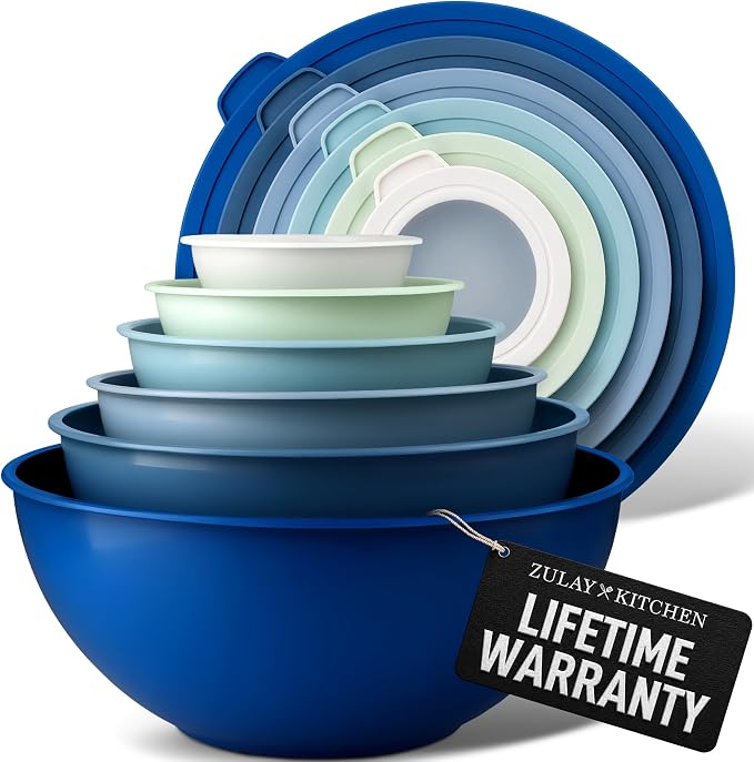 Zulay Kitchen 12 Piece Plastic Mixing Bowls with Lids Set - Leak-Proof Microwave & Freezer Safe Stackable Mixing Bowl Set for Preparing, Serving and Storing - Non-Slip Large Nesting Bowls (Blue Ombre) by ZulayKitchen