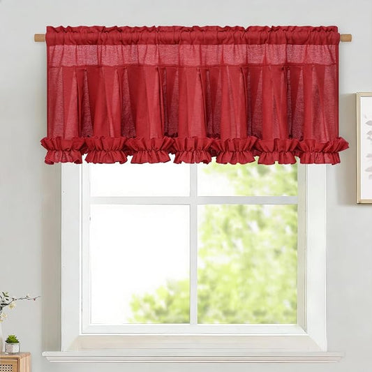 Likiyol Linen Valances for Windows Farmhouse Window Valances with Ruffle Rustic Country Light Filtering Kitchen Valance Curtains Rod Pocket Valance for Bathroom Cafe, Red, 52" W X 18" L by Likiyol