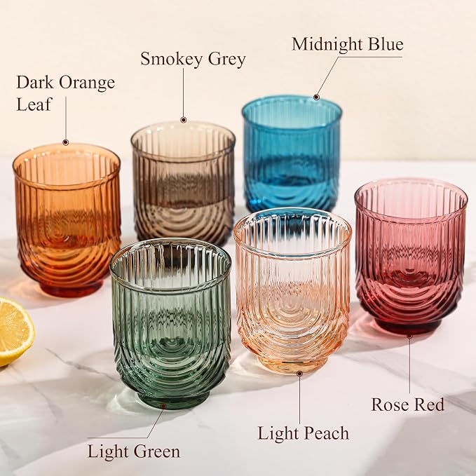 Colored Vintage Drinking Glasses Set of 6-15oz Hand-Blown Highball Ribbed Glassware, Arch Design Cocktail Glasses for Whiskey Water Beverages Ice Coffee Juice Milk - Image 4