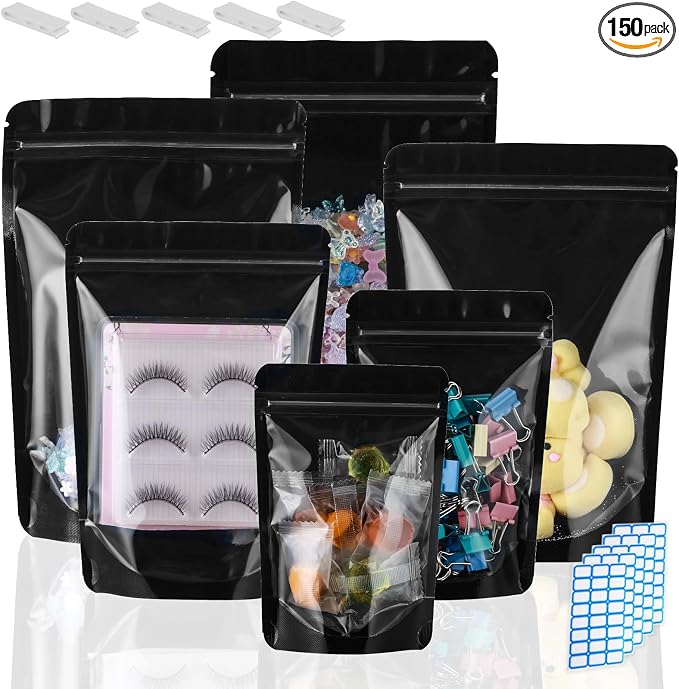 150 Pcs Mylar Bags for Food Storage, 6x9 Mylar Bag with Window Stand Up, Small Holographic Resealable Bags Smell Proof Bag Food Packaging for Small Business Freeze Dried Candy Jewelry Foil Packaging by Circloophs