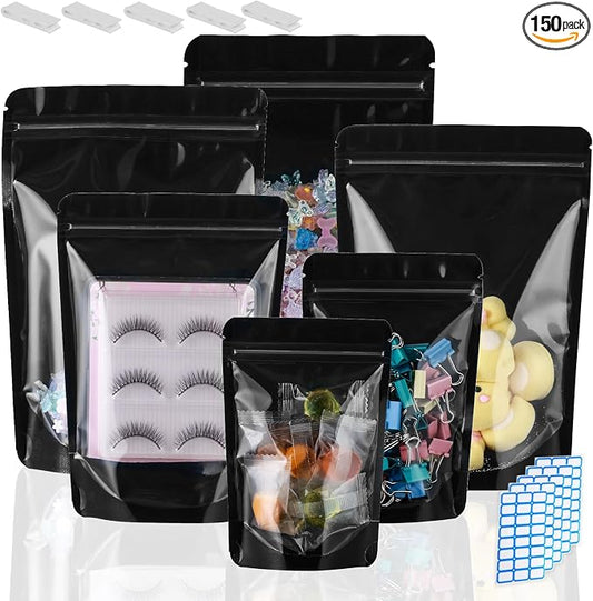150 Pcs Mylar Bags for Food Storage, 5x8 Mylar Bag with Window Stand Up, Small Holographic Resealable Bags Smell Proof Bag Food Packaging for Small Business Freeze Dried Candy Jewelry Foil Packaging by Circloophs