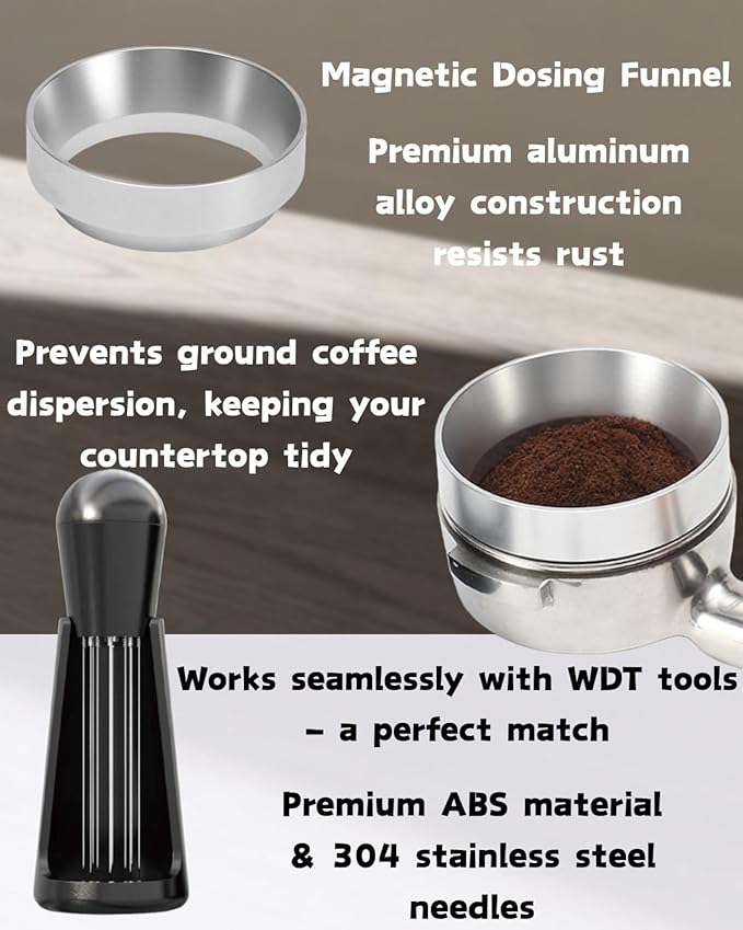 Espresso Tamper Double Spring Loaded 51/53mm with WDT Tool Espresso Accessories Kit, Stainless Steel Corrugated Base, Dosing Funnel, Tamper Mat (51mm)