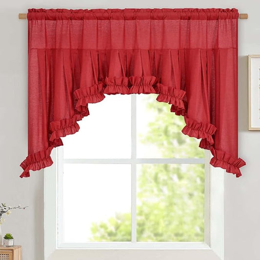 Likiyol Linen Valances for Windows Farmhouse Ruffle Swag Valance Rustic Country Window Valances Light Filtering Kitchen Curtains Rod Pocket Valance Curtains for Bathroom Cafe, Red, 60" W x 36" L by Likiyol
