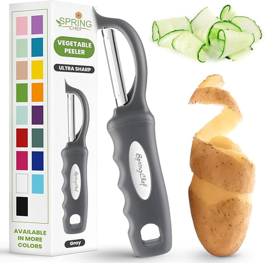 Spring Chef Swivel Potato Peeler for Kitchen with Ergonomic Handle, Gray | Premium Vegetable Peeler w/ Sharp Stainless Steel Blades, Multifunctional Food Peeler for Apple, Carrot, Cucumber, Fruit by SpringChef