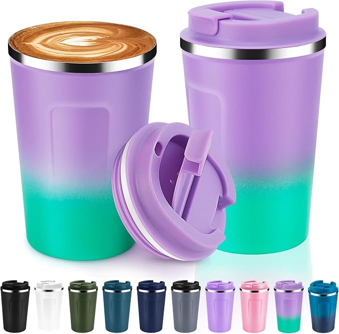 Volhoply 12 oz Double Wall Insulated Vacuum Travel Coffee Mug with Flip Lid Bulk 2 Pack,Reusable Stainless Steel Leak Proof Coffee Cup,Cafe Thermal Tumbler for Cold & Hot Drinks(Purple Green,2 Set) by LiveFully%EF%BC%8CDrinkFreely%E2%80%94KeepGoingwithVolhoply%EF%BC%81