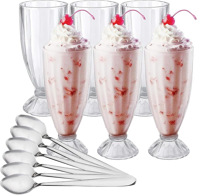 Cedilis Set of 6 Milkshake Glass, 12oz Old Fashion Sundae Cups, Retro Ice Cream Float Glasses, Heavy Base Soda Fountain Glassware with 6 Long Stainless Steel Spoons by Cedilis