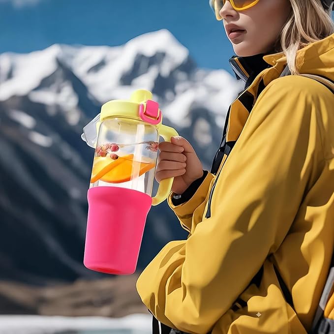 32 oz Glass Tumbler with Handle, 2-in-1 Straw and Sip Spout, Leakproof, BPA-Free Glass Water Bottle for Sports, Office, School, Bright Pink