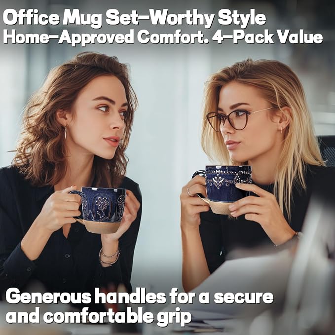 Artena Ceramic Coffee Mugs Set of 4, 16oz Embossed Large Latte Mugs Coffee Cups with Handle for Tea, Latte, Cappuccino & Cocoa, Milk Dishwasher & Microwave Safe, Blue (Damask Floral) - Image 7