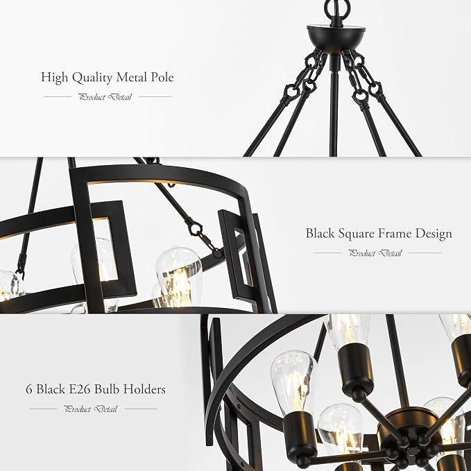 Modern 19.7" Black Chandelier for Dining Room Industrial Vintage Semi Flush Mount 6-Light Round Pendant Ceiling Light Fixture for Kitchen Bedroom Living Room Hallway Entryway Foyer - Image 8
