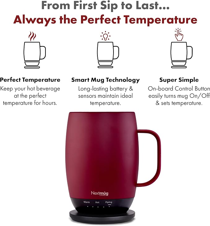 Nextmug Plus - Temperature-Controlled, Self-Heating Coffee Mug | (Burgundy - 18 oz.) – No App, Long-Lasting Battery for Work & Study, Great Gift for Coffee Lovers - Image 2
