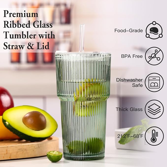 4PCS Green Ribbed Glass Cups with Lids and Straws, 20oz Vintage Drinking Glasses, Aesthetic Iced Coffee Cups, Glass Tumbler for Boba, Beer, Tea, Cocktails, Green Ribbed Glassware Set - Image 2