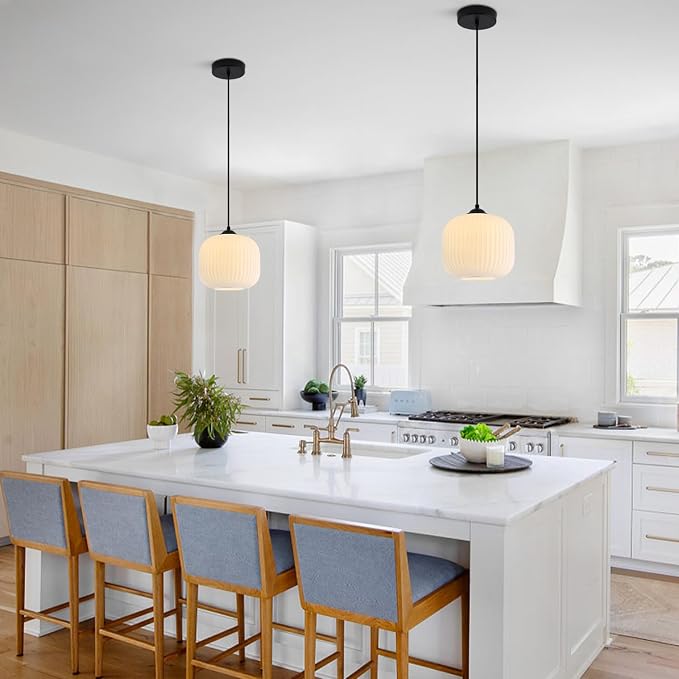 KCO Lighting Small Vintage 7.9” Black White Milk Ribbed Glass Pendant Light | Adjustable Cord E26 Hardwired Mid Century Modern Hanging Light for Sloped Ceilings Kitchen Island Bar Bedroom Dining Room - Image 5