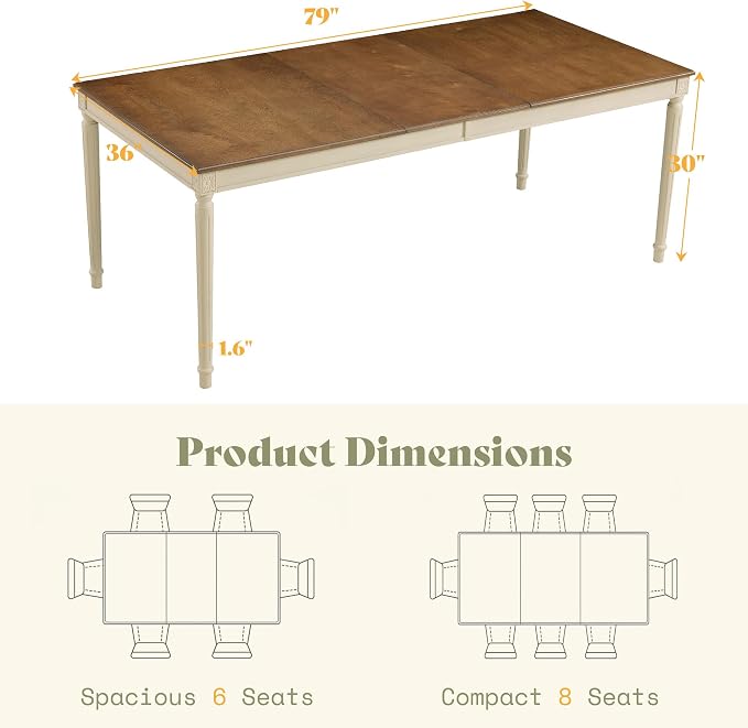 AMERLIFE 79" Rustic Farmhouse Dining Table with Solid Wood Top, Cream | Solid Wood Construction, Roman Conical Legs, Large Rectangular Design, Seating for 6 to 8 - Image 2
