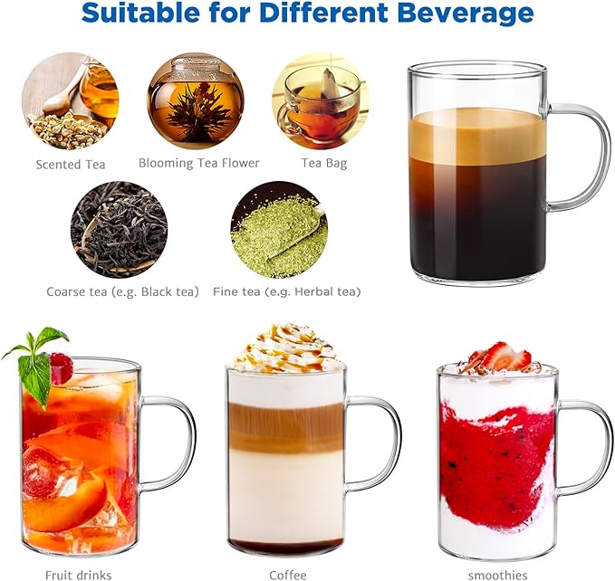 ecooe 16oz Borosilicate Glass Coffee Mugs Set of 4, Large Glass Mug Set with Handles & Spoon, Clear Glasses Coffee Cups for Hot/Cold Tea, Cappuccino, Latte, Juice, Drinking Glasses