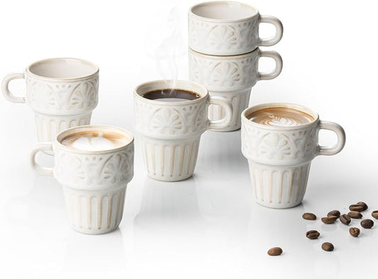 3.3 OZ Coffee Mugs, Ceramic Coffee Mug, Espresso Cups, Stackable Mug, Mug Set of 6, Coffee Cups for Tea Cocoa Cappuccino - Office Party Gathering, Great Gift for Birthday Housewarming Wedding, Beige by LYEOBOH