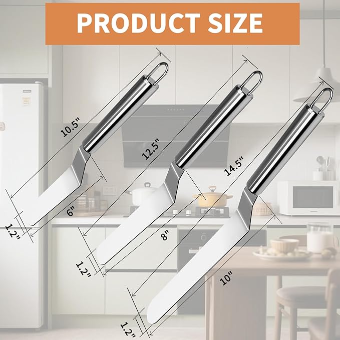 3 Pcs Offset Spatula Set with 6", 8" & 10" Blade, Stainless Steel Icing Spatula Cake Decorating Tools Frosting Smoother for Cake Decorating, Baking