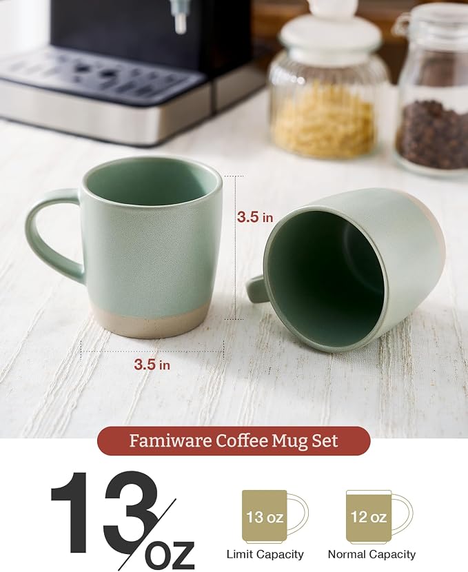 famiware Coffee Mugs Set of 4, Milkyway 13 oz Mug Set, Ceramic Cup Set with Handle for Coffee, Tea, Cocoa, Milk, Light Green - Image 3