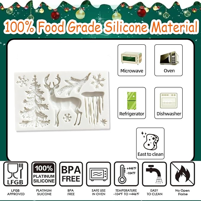 1 Pcs Christmas Silicone Baking Molds 3D Chocolate Candy Molds 8-Cavities Deer Christmas Tree Snowflake Shape Fondant Mold for Cake Toppers Ice Cubes Jello DIY Cake Candles Cake Decoration