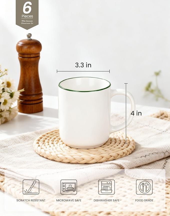 OTAGO Coffee Mugs for 6, 12 oz Mug Set, Dringking Cup with Handle for Coffee, Tea, Cocoa, Green Rim - Image 3