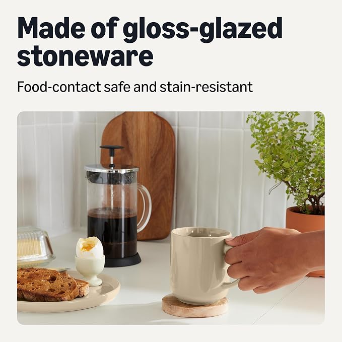 Amazon Basics Stoneware Coffee Mugs, 16 oz, 4-Piece Set, Gloss-Glazed, Stain-Resistant, Microwave, Freezer and Dishwasher-Safe, Linen Gray - Image 3