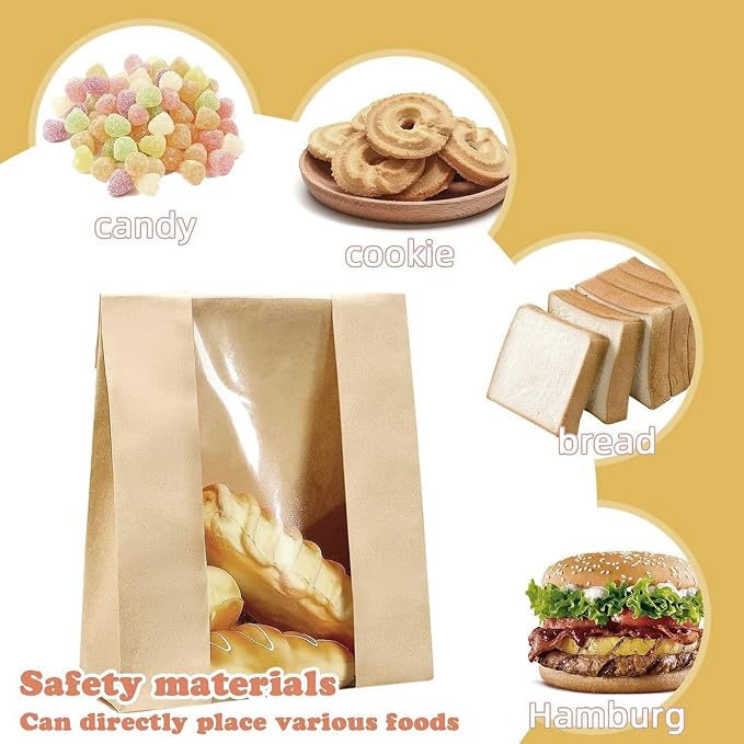 Yosoo 50PCS Bread Bags with Transparent Window Kraft Paper Baked Food Packaging Storage Bags for Homemade Bread Pastry Snacks with 60PCS Sealable Labels (Yellow) - Image 2