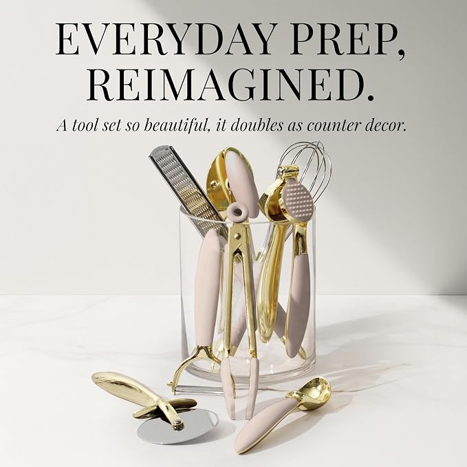 Styled Settings Beige and Gold Kitchen Utensils Set, 8-Piece | Silicone, 8 PC Cooking Gadgets with Mini Gold, Pizza Cutter, Garlic Press, Cheese Grater, Peeler - Image 3