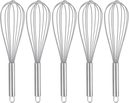 HARFINGTON 5Pcs Silicone Whisk 12" Kitchen Whisk Wire Whisks Beater with Stainless Steel Handle for Egg Milk Whisking Blending Beating & Stirring, Grey