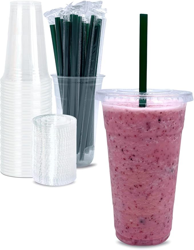 Cappatua 24 oz Clear Plastic Cups with Lids and STRAWS, Disposable Drinking Cups for Cold Drinks, Iced Coffee, Milkshakes, Smoothies, 25 Sets by Cappatua