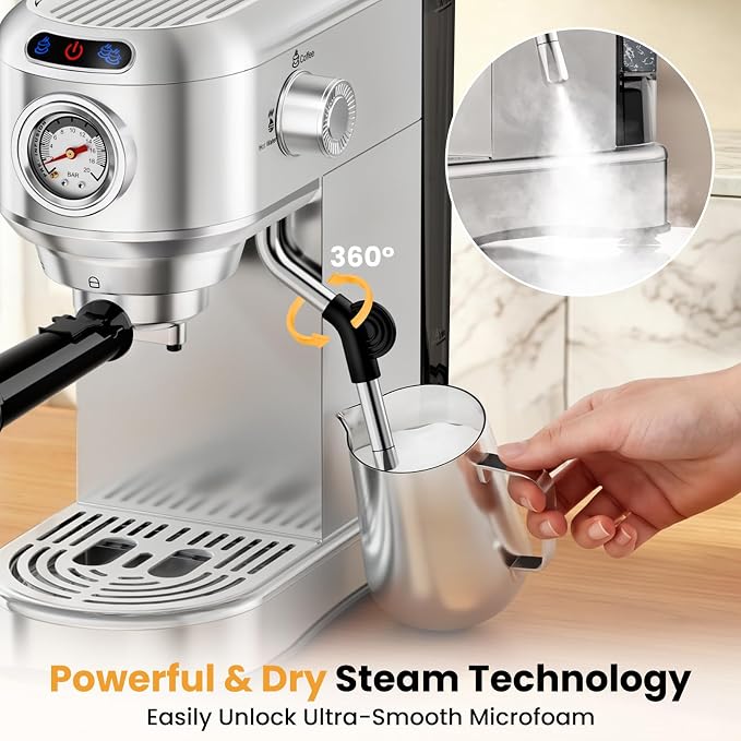 Espresso Machine 20 Bar, Compact Espresso Coffee Machine with Milk Frother, Stainless Steel Coffee Maker with 34oz Removable Water Tank, Cappuccino Machine for Home, Office, Latte (Silver) - Image 4