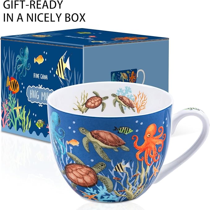 Summer Ocean Wonders Hug Mug - 20oz Deep Blue Bone China Coffee Mug with Sea Turtle, Octopus and Tropical Fish, Marine Life Themed Gift for Ocean Lovers, Designed in England by Harvest Green Studio - Image 3