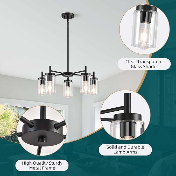 5 Lights Black Modern Farmhouse Chandelier for Dining Room with Glass Shade, Pre-Wired Height Adjustable Pendant Light Ceiling Lighting Fixture for Dining Living Room Bedroom Kitchen Foyer - Image 6