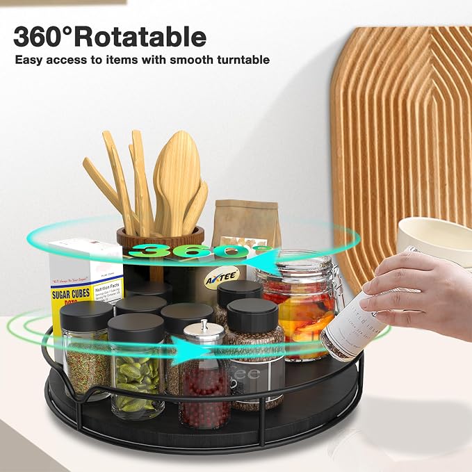 Lazy Susan Turntable Organizer with Anti-Slip Mat for Cabinet Pantry Kitchen Countertop Refrigerator Office, Pine Wood, 13", Black - Image 2