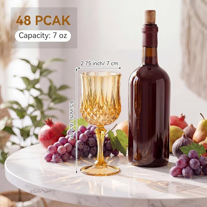 Sliner 48 Pcs 7oz Plastic Vintage Wine Glasses Drinking Goblets Unbreakable Crystal Water Glassware Reusable Diamond Champagne Flutes Cups for Wedding Banquet Birthday Party Supplies (Gold) - Image 3