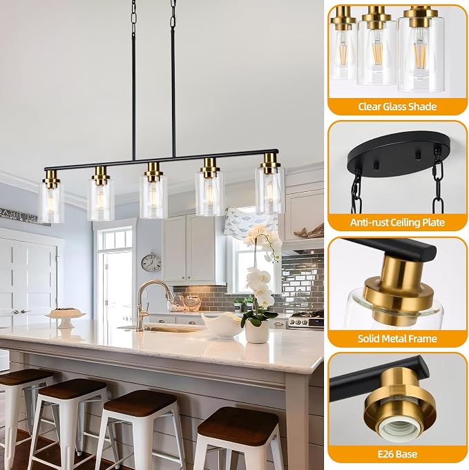 Dining Room Light Fixture,5-Light Farmhouse Linear Chandeliers for Dining Room Over Table，Matte Black and Gold Finish Kitchen Island Pendant Lighting for Kitchen Island，Pool Table Light - Image 6