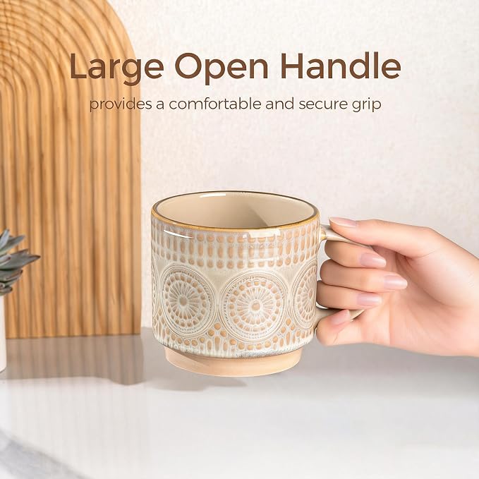 GBhome 12OZ Stackable Coffee Mugs, Ceramic Coffee Mugs with Texture Patterns for Man,Woman,Dad,Mom, Modern Coffee Mugs Set of 4 for Latte/Cappuccino/Cocoa. Dishwasher&Microwave Safe - Image 5