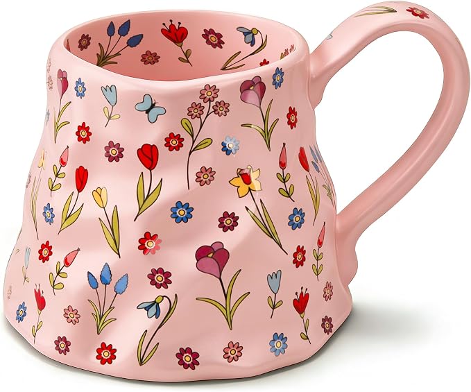 Oversized Cute Pink Floral Coffee Mug 20 oz, Large Ceramic Mug with Cute Flowers Design, Giant Coffee Mugs with Big Handle, Girly Vintage Tea Cup for Latte Cocoa, Unique Gifts for Women, Home & Office by ACOLIDAS