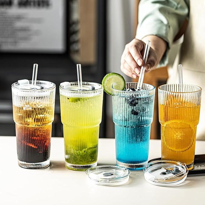20oz Glass Tumblers with Lids and Glass Straws, Thickened for Iced Coffee, Smoothies,Cocktails and Juices-Elegant Durable for Home, Office,Travel (Clear)