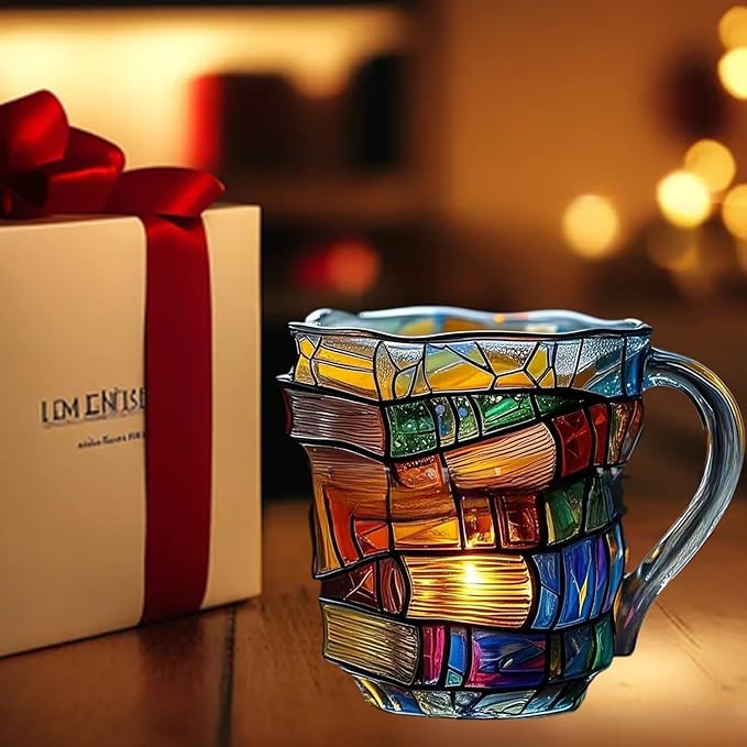 3D Painted Glass Mug Colorful Ceramic Coffee Cup 12oz, Hand-Painted Vintage Style Mug for Readers, Book Lovers, Women, Gift for Birthday or Office Use