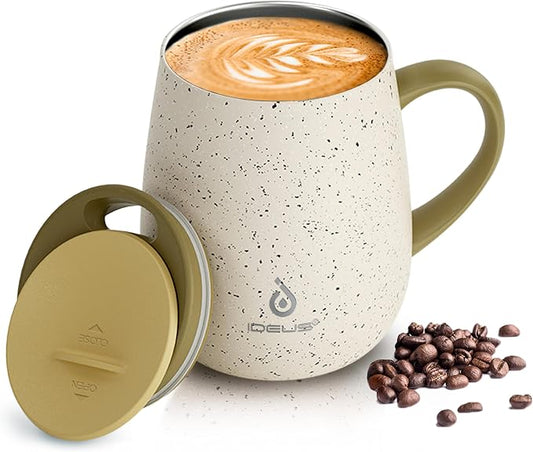 Ideus 16 oz Insulated Coffee Mug with Handle and Lid, Double Wall Stainless Steel Vacuum Thermal Coffee Mug, Travel Coffee Cup Thermal Cup for Home and Office, Eggshell Yellow by IDEUS
