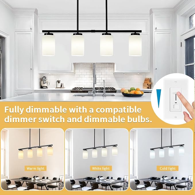 4-Light Kitchen Island Lighting Linear Chandelier Dining Room Light Fixture | 30'' Modern Island Lights for Kitchen, Farmhouse Black Chandeliers Over Table White Frosted Glass Shade, Adjustable Height - Image 7